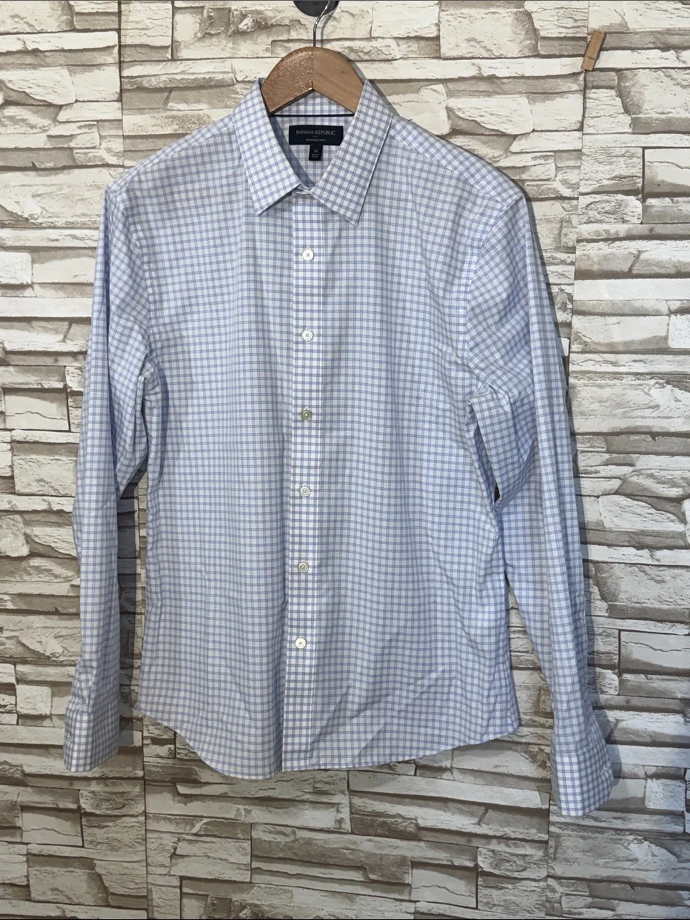 Banana Republic untucked Light Blue Micro Check Dress Shirt